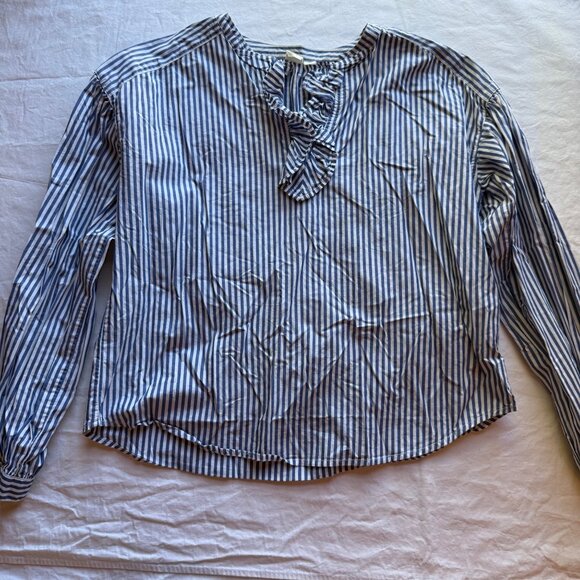 Gap Womens Blue & White Striped Long Sleeve Blouse S 100% Cotton Ruffle Neckline - Picture 2 of 10
